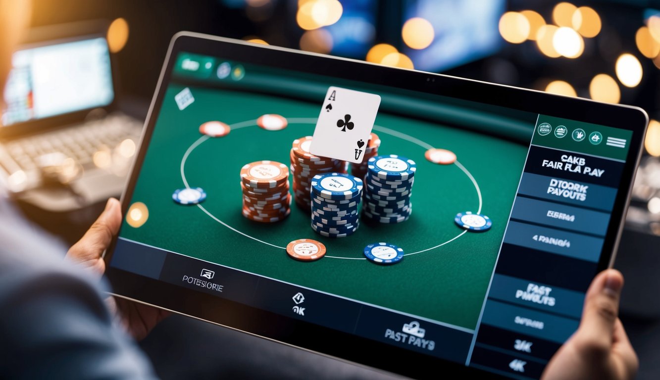 Sebuah meja poker digital dengan kartu dan chip, dikelilingi oleh antarmuka yang ramping dan modern, menggambarkan permainan yang adil dan pembayaran yang cepat