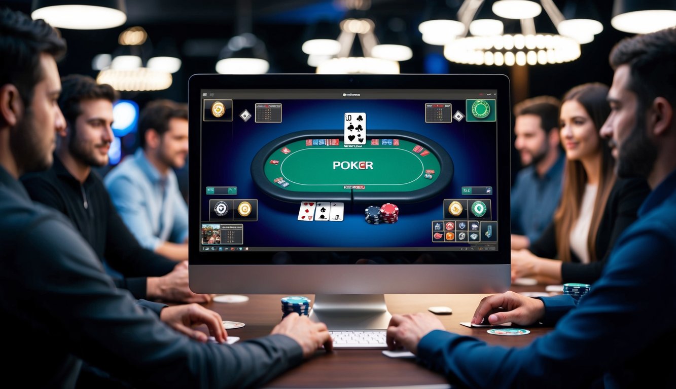 Sebuah layar komputer dengan meja poker, chip, dan kartu, dikelilingi oleh sekelompok pemain dalam pengaturan perjudian online virtual