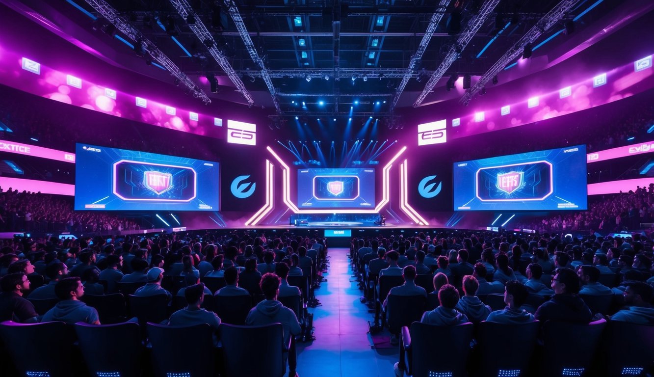 A futuristic esports arena with large screens, glowing neon lights, and a crowd of cheering fans