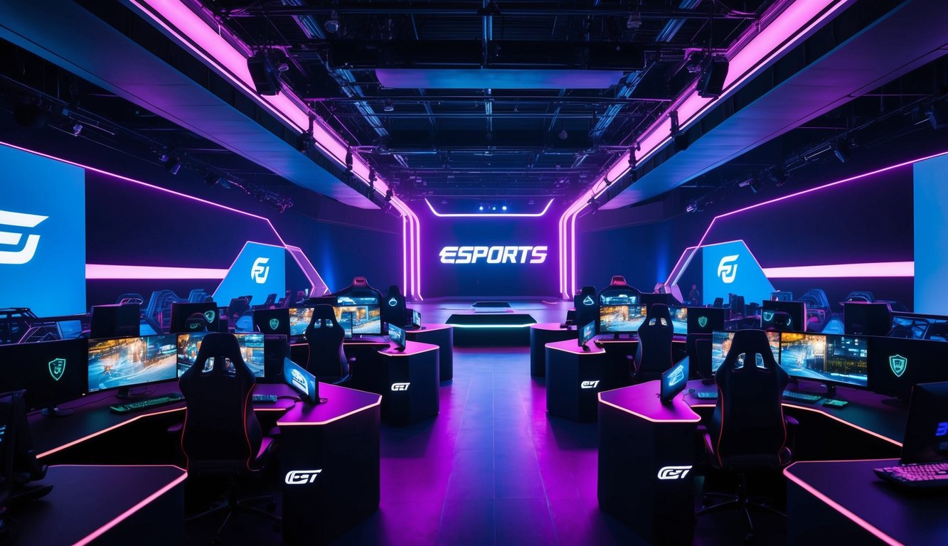 Sebuah arena esports futuristik dengan arsitektur ramping yang diterangi neon dan peralatan permainan berteknologi tinggi