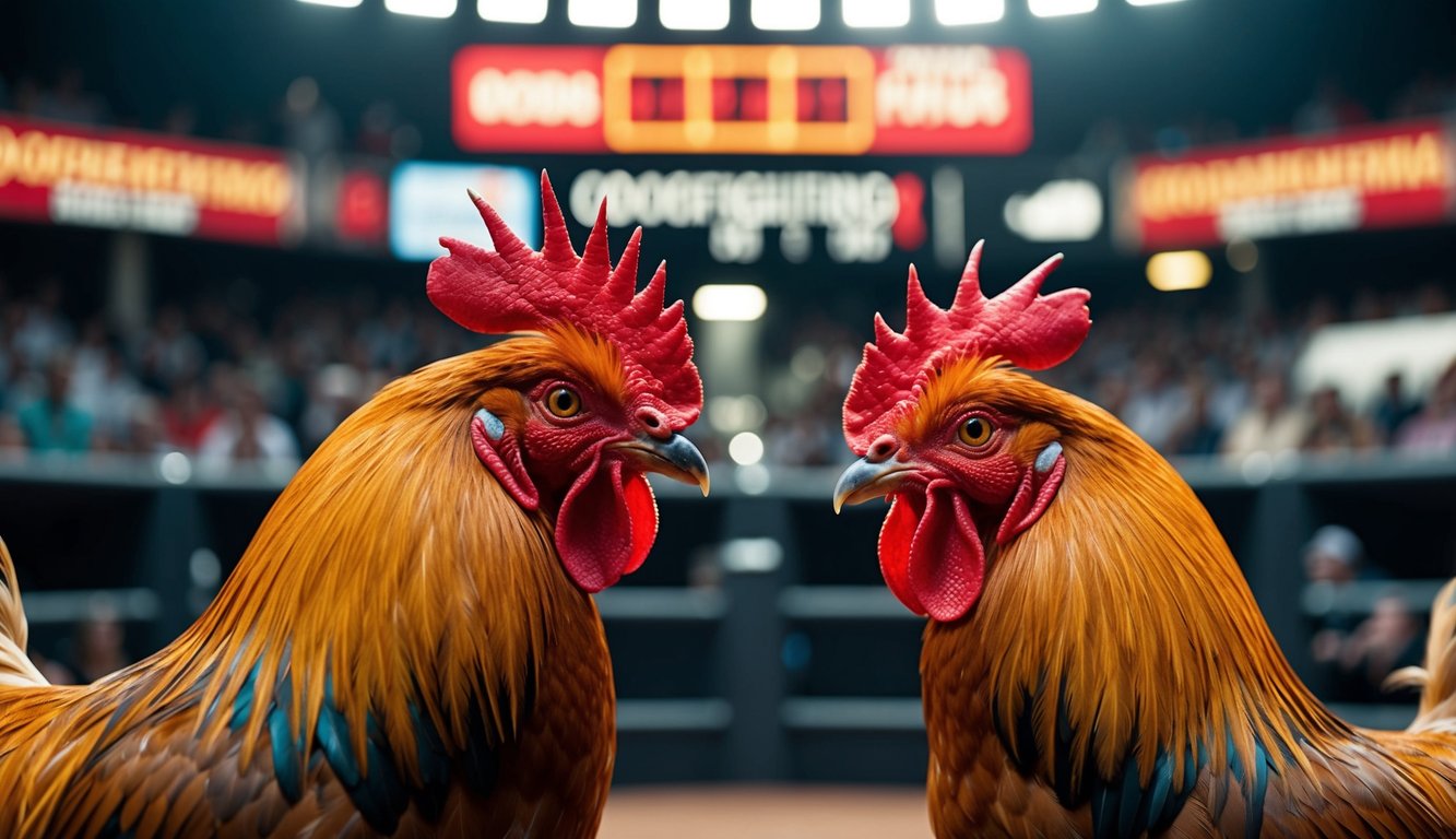 Dua ayam jantan berhadapan di arena sabung ayam online yang ramai dengan papan odds digital dan simbol pembayaran cepat