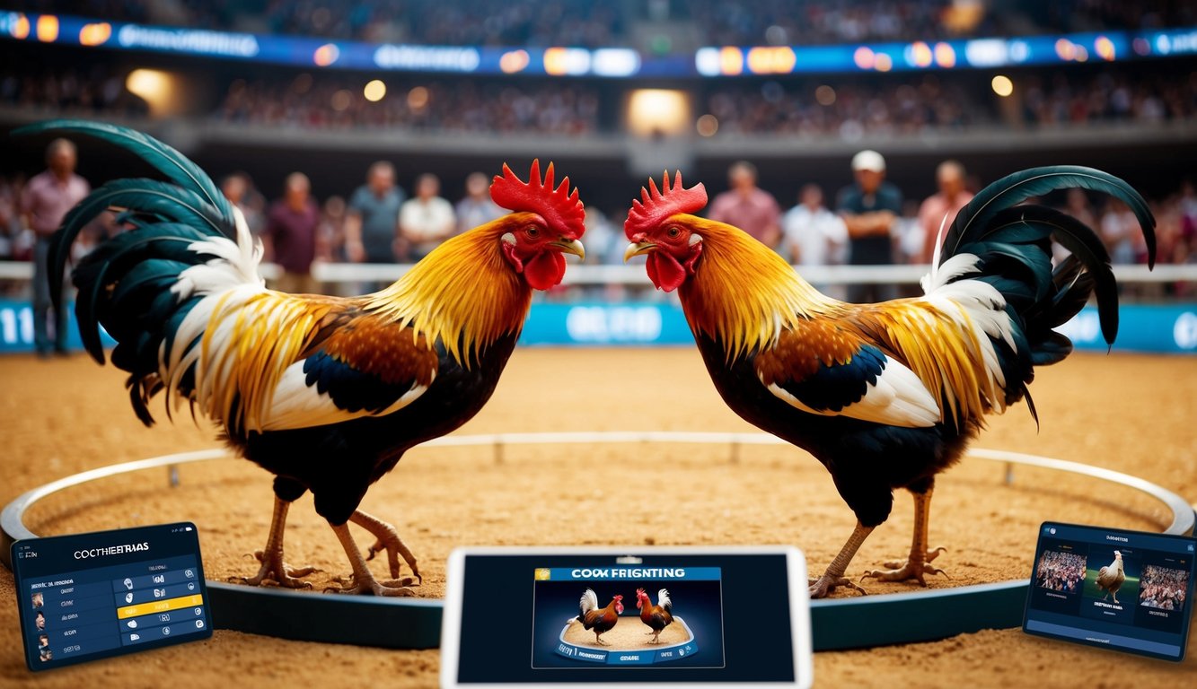 Dua ayam jantan berhadapan di arena digital, dikelilingi oleh penonton dan antarmuka virtual yang menampilkan pertandingan sabung ayam online