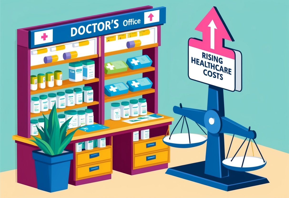 A doctor's office with shelves of medication, a price tag with an upward arrow, and a scale representing rising healthcare costs due to recent U.S. tariffs