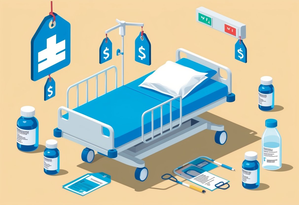 A hospital bed surrounded by medical equipment and prescription bottles, with a price tag attached to each item, reflecting increased healthcare costs due to tariffs