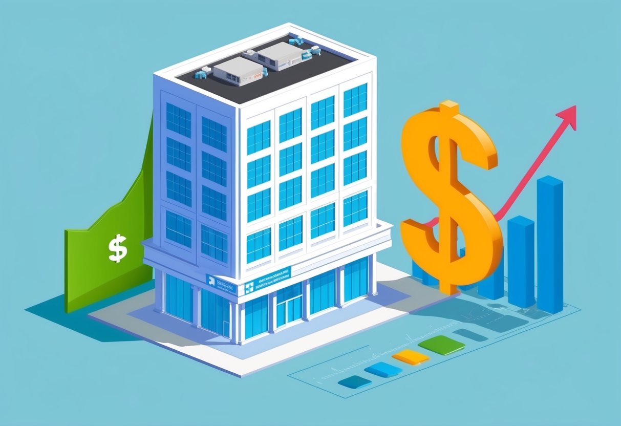 A hospital building with a large dollar sign looming over it, while a graph shows a sharp increase in healthcare costs