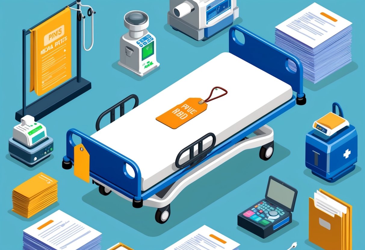 A hospital bed with a price tag attached, surrounded by medical equipment and a stack of paperwork