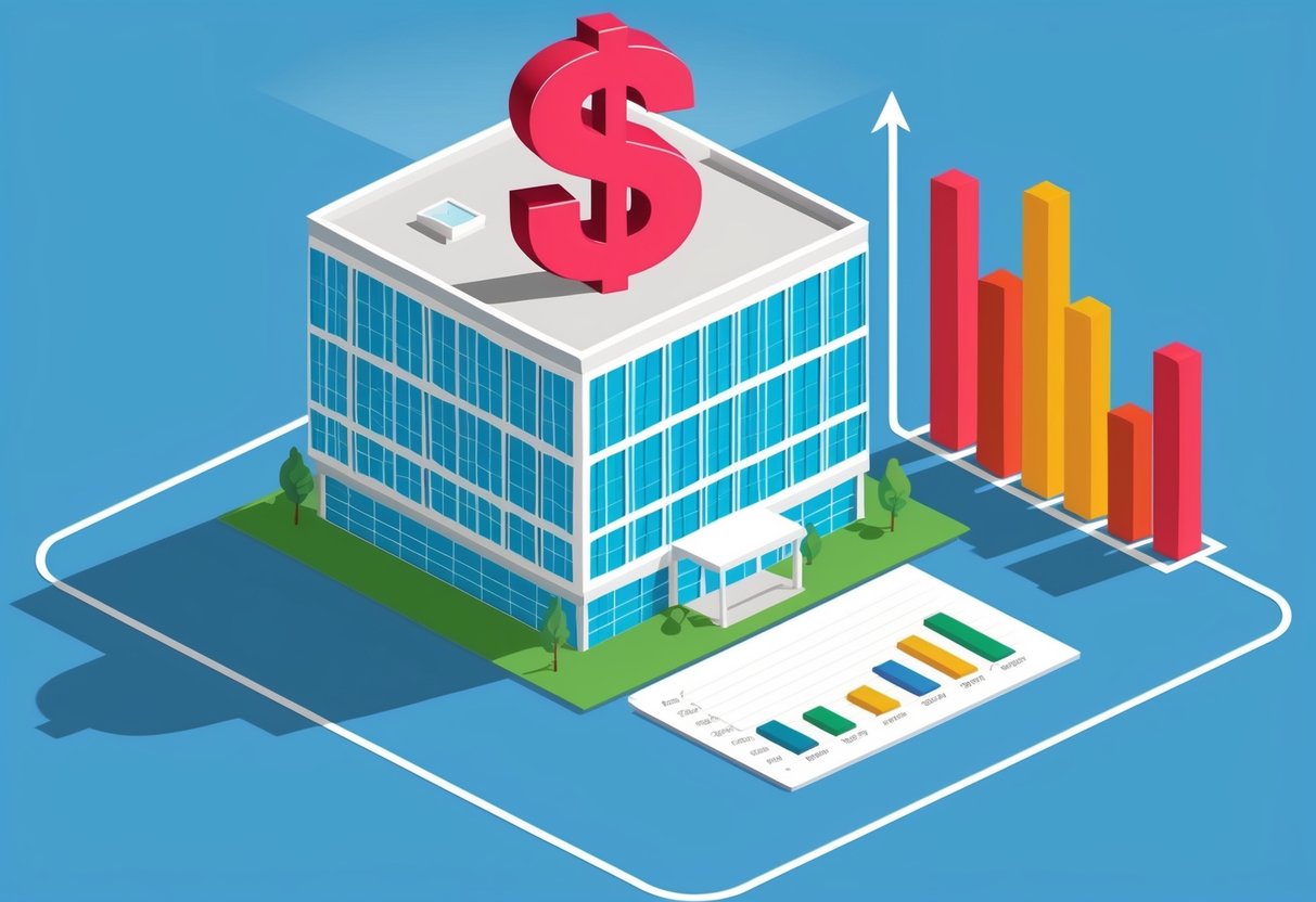 A hospital building with a dollar sign shadow looming over it, while a graph shows healthcare costs steadily increasing