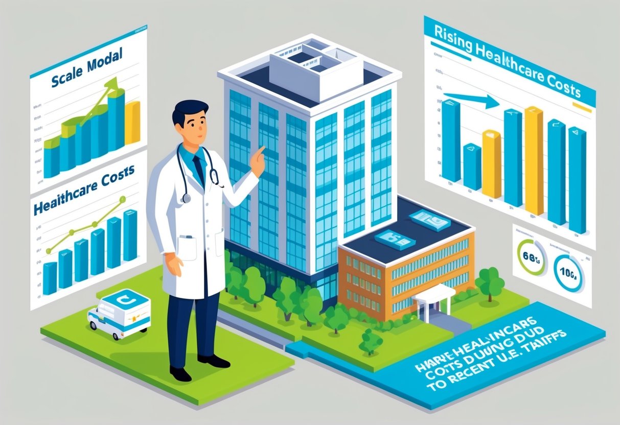 A doctor in a lab coat stands next to a scale model of a hospital, surrounded by graphs and charts showing rising healthcare costs due to recent U.S. tariffs