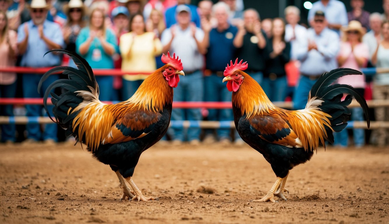 Dua ayam jantan berhadapan di dalam arena tanah yang dikelilingi oleh penonton yang bersorak