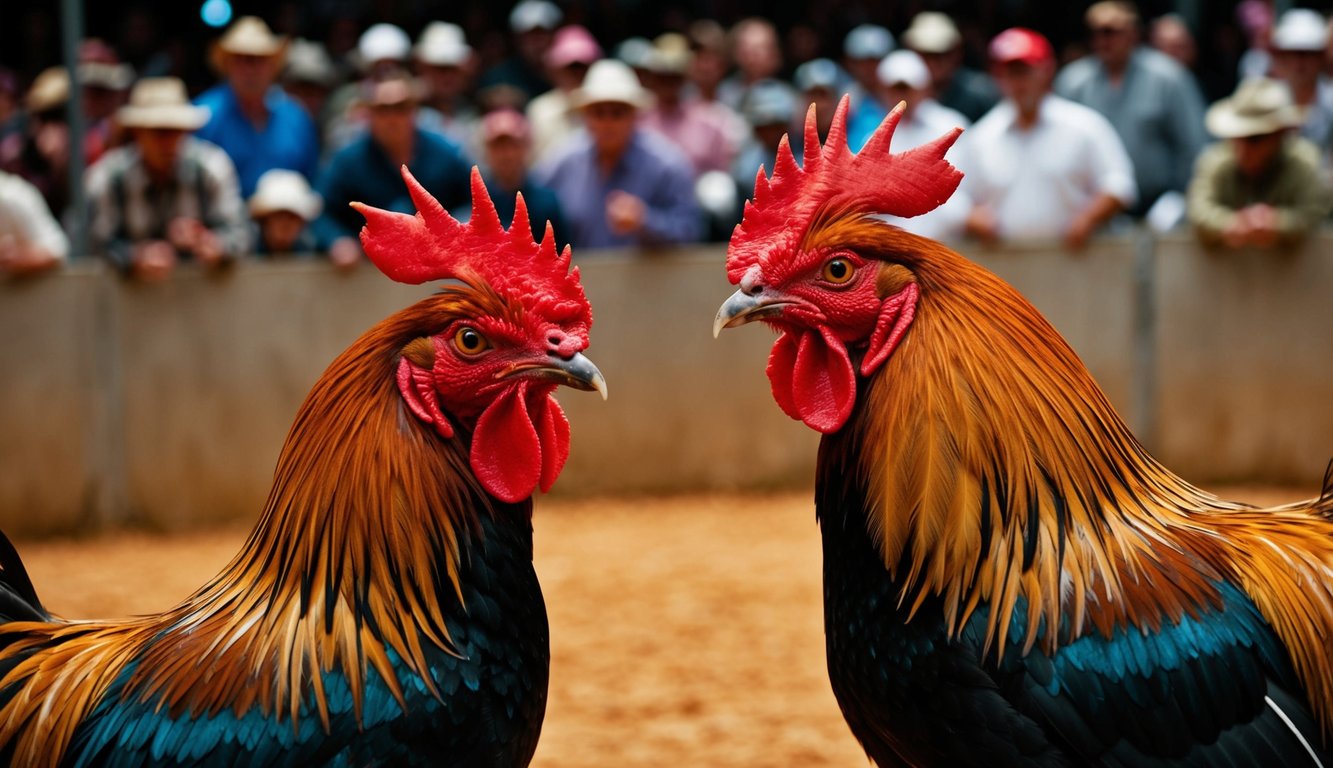 Dua ayam jantan berhadapan di arena yang ramai, bulu-bulu mereka terurai dan paruh terbuka dalam tampilan agresi. Penonton bersorak dan memasang taruhan saat pertarungan sengit dimulai.