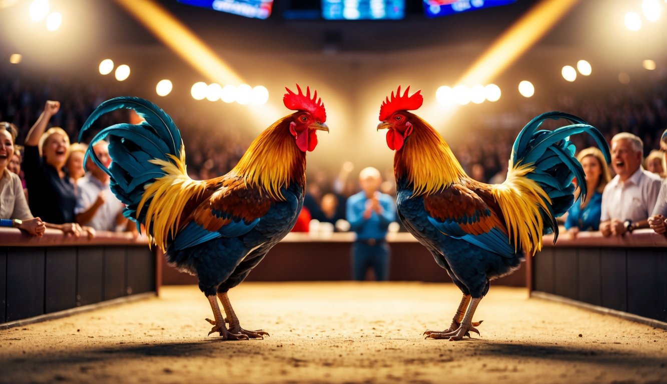 Dua ayam jantan berhadapan di arena yang terang benderang, dikelilingi oleh penonton yang bersorak dan sebuah tempat taruhan