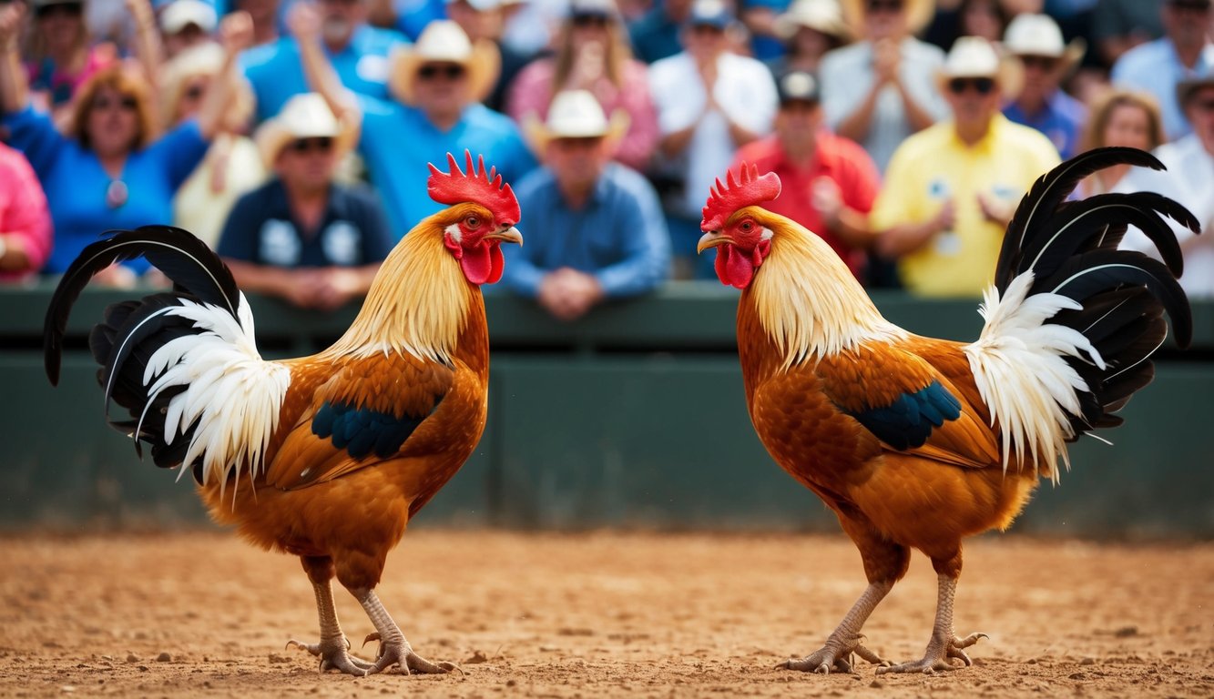 Dua ayam jantan berhadapan di arena tanah yang dikelilingi oleh penonton yang bersorak.