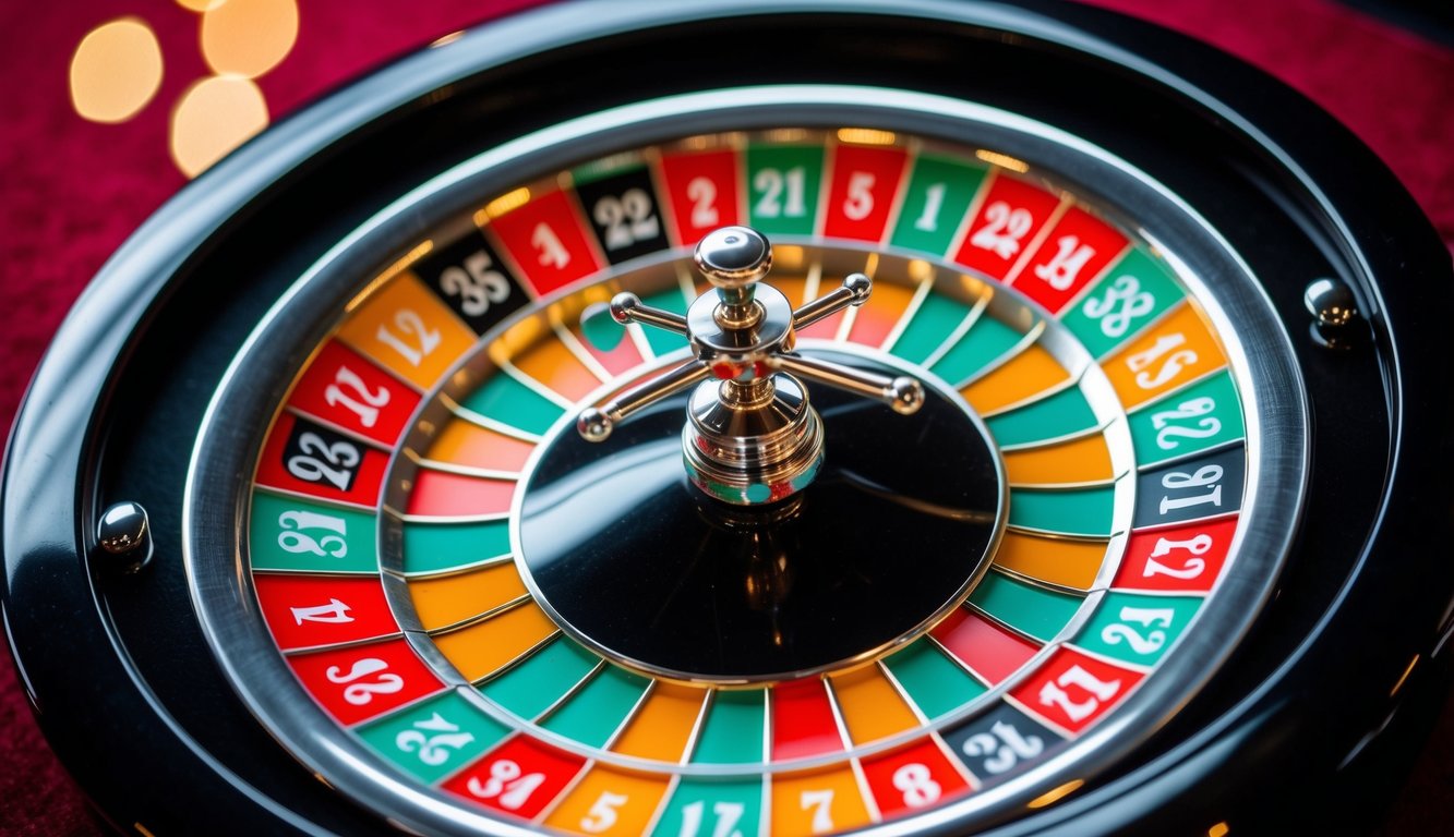 Roda roulette yang berputar dengan slot bernomor berwarna-warni dan bola perak kecil yang bergerak