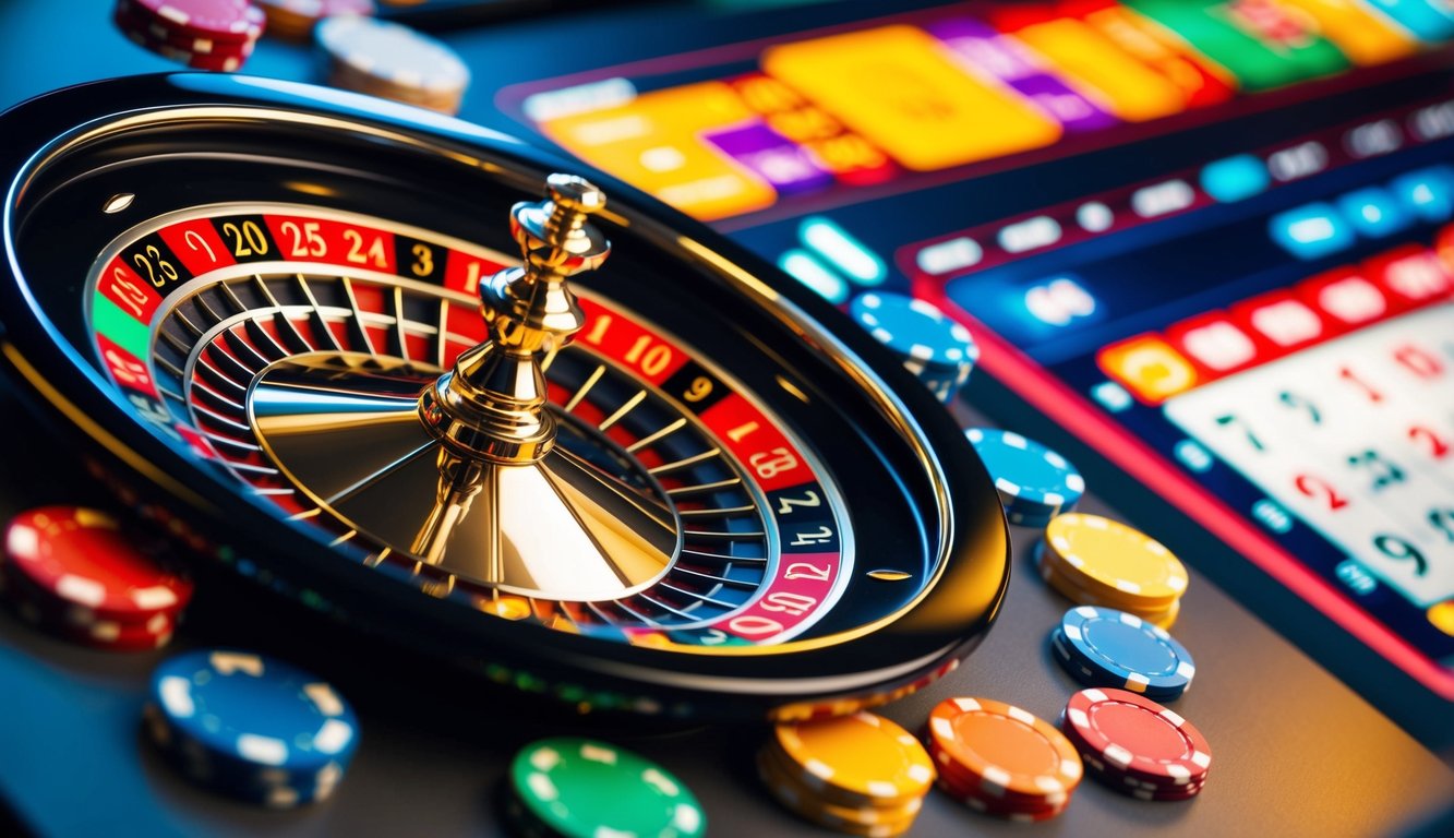 Roda roulette berputar di antarmuka kasino online yang cerah, dikelilingi oleh chip berwarna-warni dan desain yang ramping dan modern