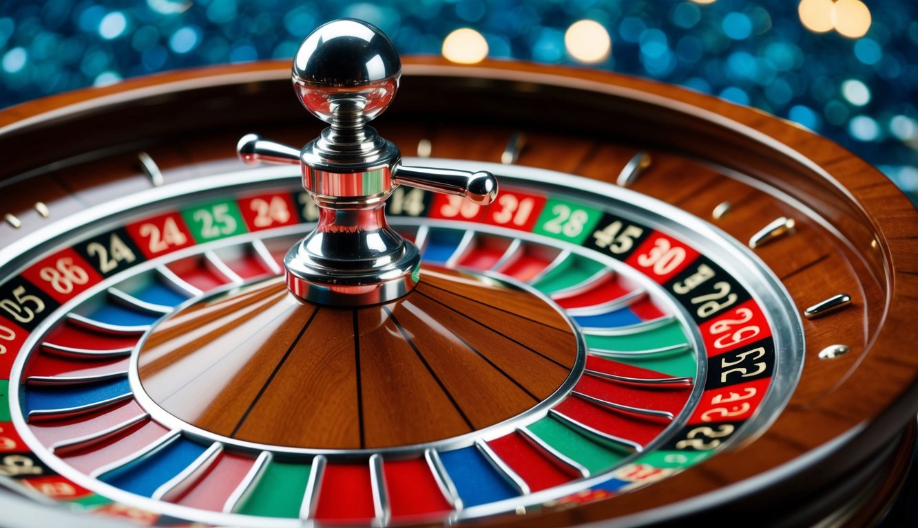 Roda roulette yang berputar dengan slot bernomor berwarna-warni dan bola perak kecil yang melompat-lompat