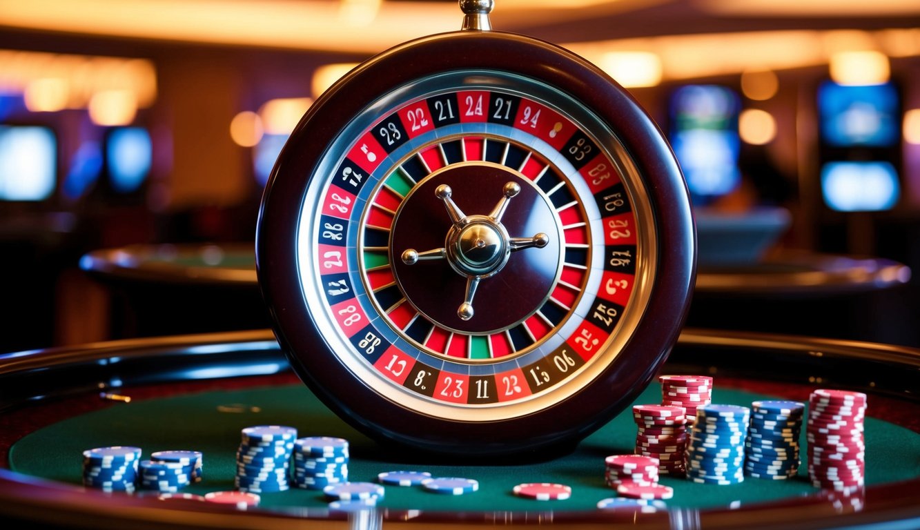 Roda roulette yang berputar dengan chip tersebar di sekitar meja