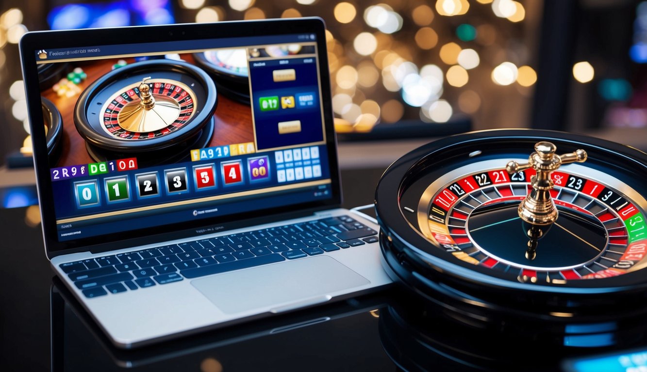 Roda roulette yang berputar dengan slot berwarna, tampilan digital, dan dealer virtual di layar komputer