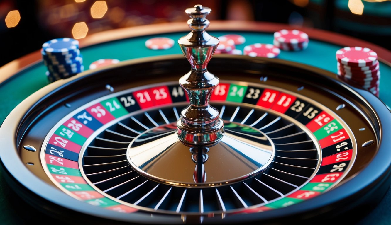 Roda roulette berputar dengan chip berwarna di atas meja