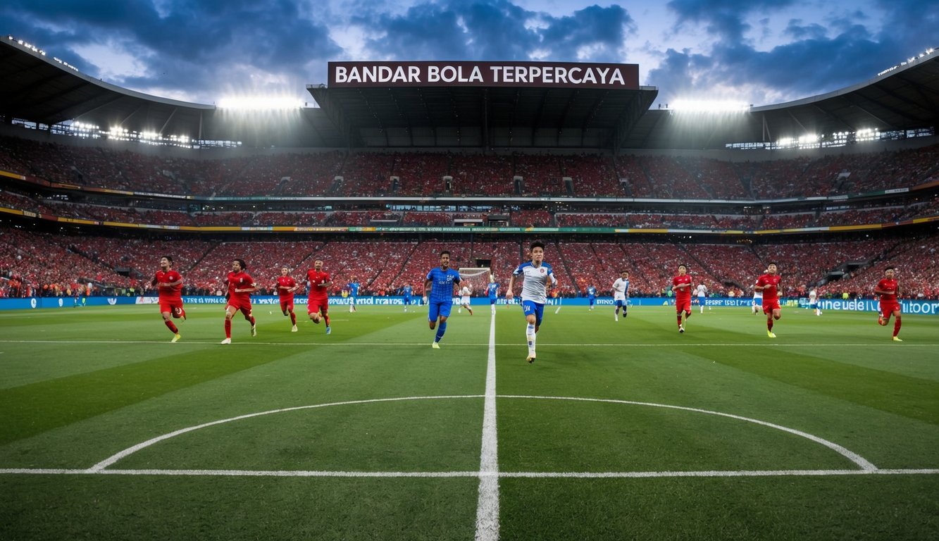 Sebuah stadion sepak bola yang ramai dengan penggemar yang bersorak dan pemain di lapangan, dengan logo bandar bola terpercaya ditampilkan secara mencolok