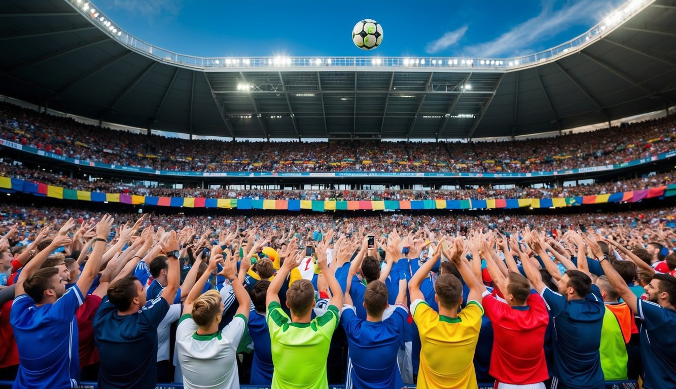 Sebuah stadion yang ramai dengan penggemar yang bersorak, spanduk berwarna-warni, dan bola sepak yang melayang di udara