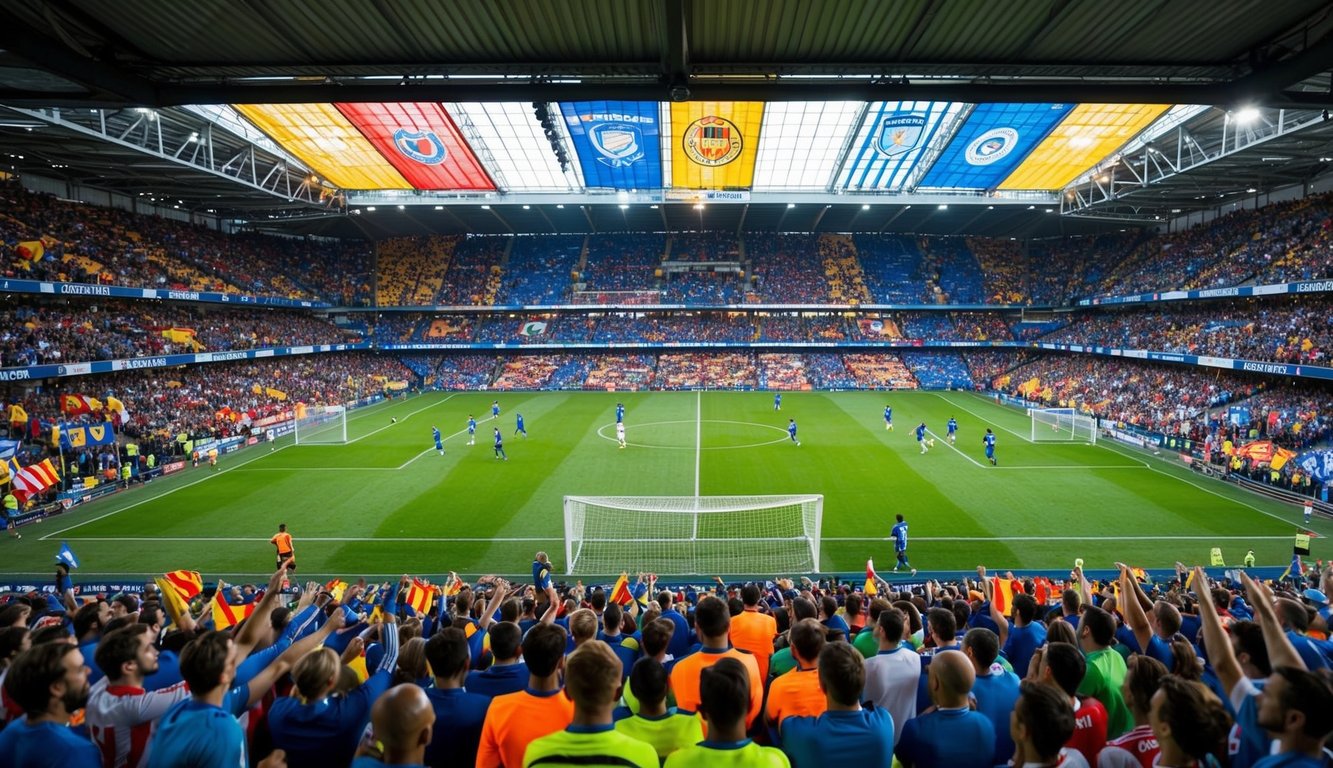 Sebuah stadion yang ramai dengan penggemar yang bersorak, spanduk berwarna-warni, dan pemain di lapangan saat pertandingan sepak bola