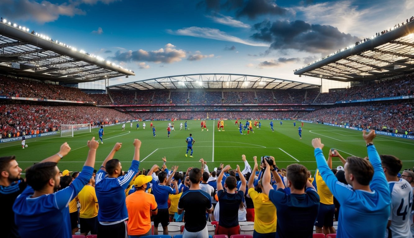 Sebuah stadion sepak bola yang ramai dengan lautan penggemar yang bersorak dan pemain di lapangan