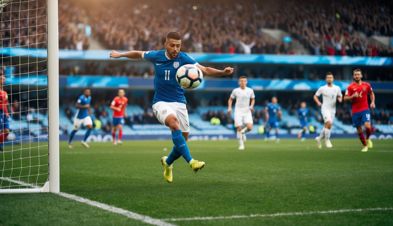 Sebuah bola sepak terbang di udara menuju gawang, dengan pemain di latar belakang dan penggemar yang bersorak di tribun