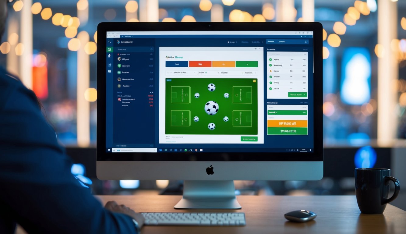 Sebuah layar komputer dengan acara olahraga, odds taruhan, dan transaksi digital yang sedang berlangsung