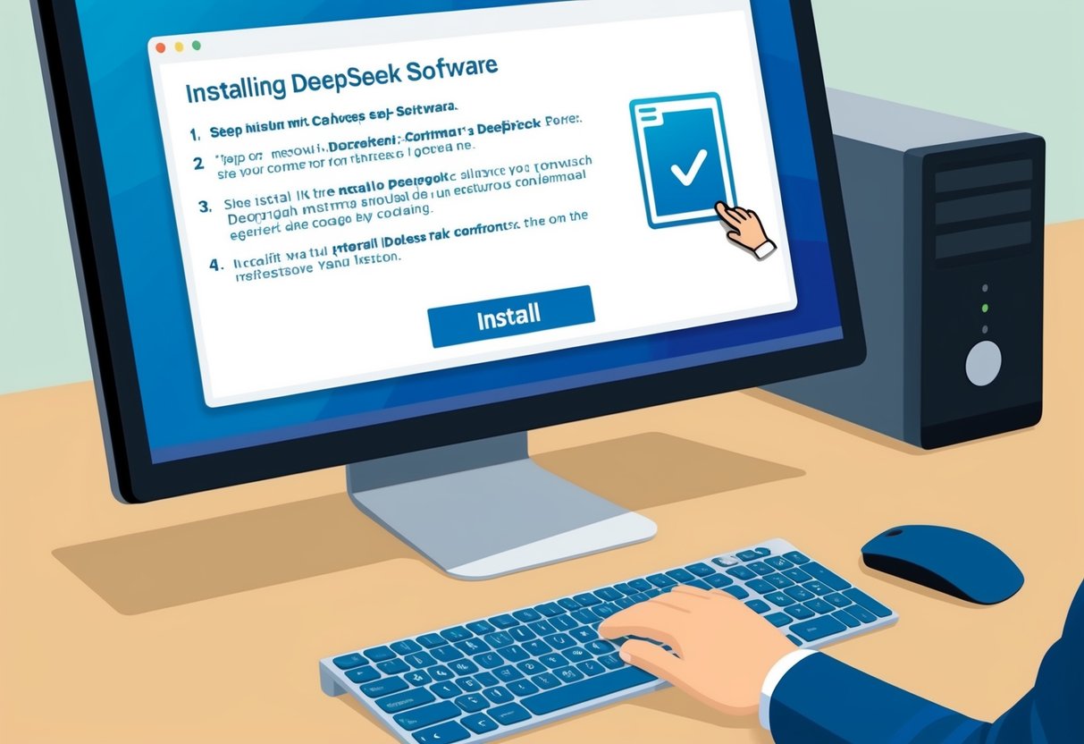 Uma tela de computador exibindo instruções passo a passo para instalar o software Deepseek, com um cursor do mouse clicando no botão "Instalar"