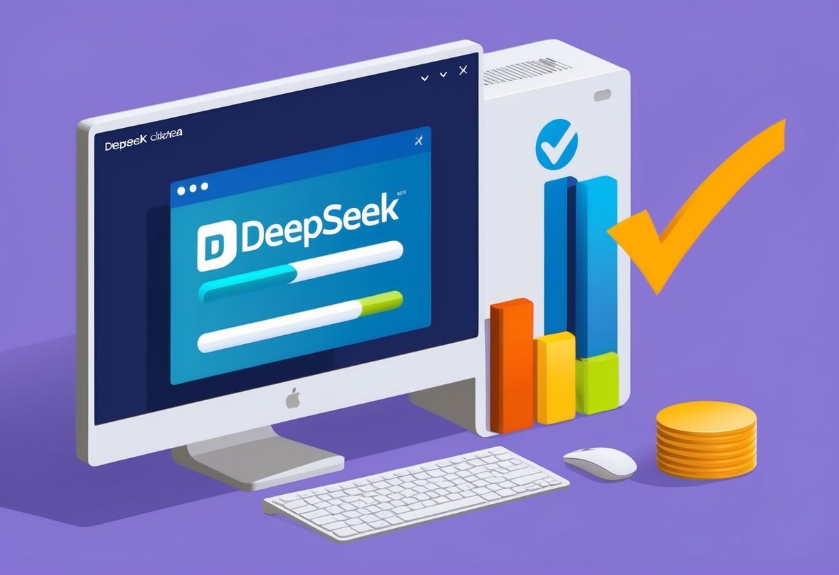 Um computador com o software Deepseek sendo instalado, barra de progresso preenchendo a tela e um sinal de verificação indicando instalação bem-sucedida.