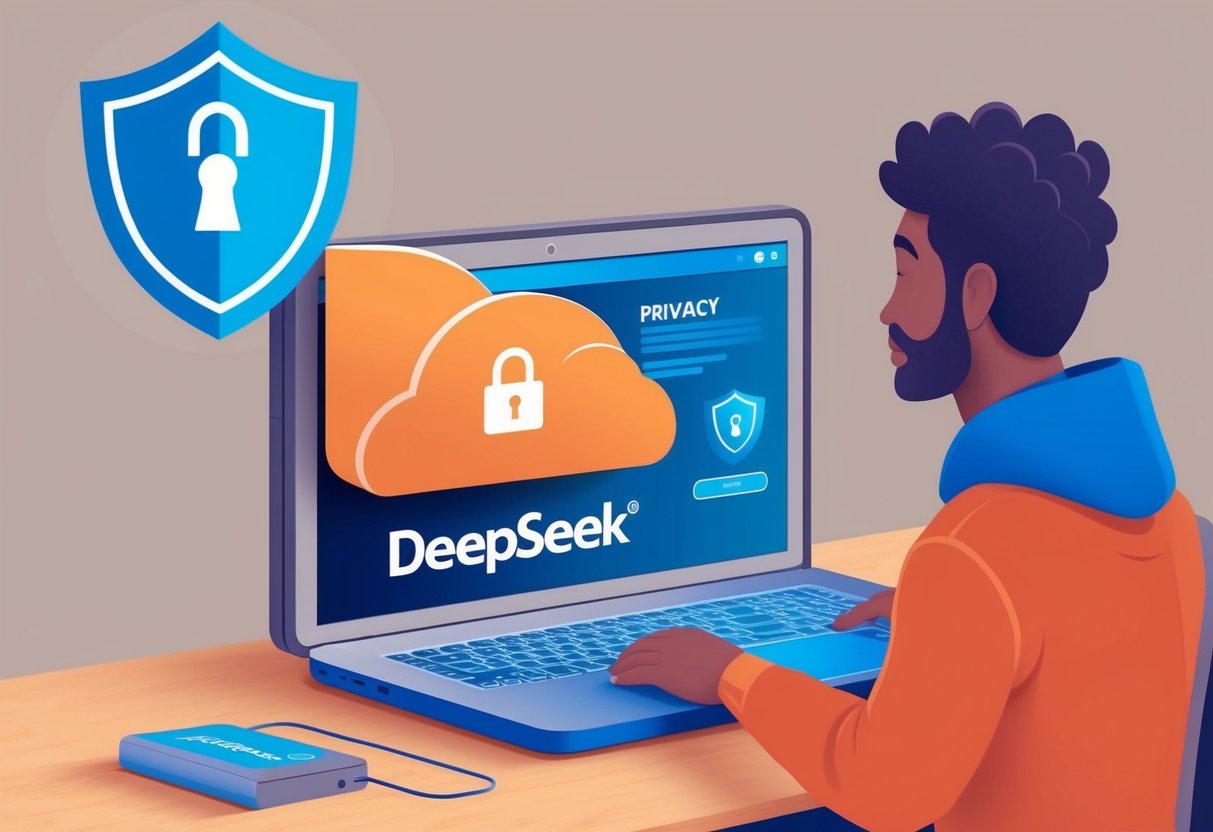 Uma pessoa instalando o Deepseek em um computador, com um ícone de cadeado seguro e um escudo de privacidade ao fundo.