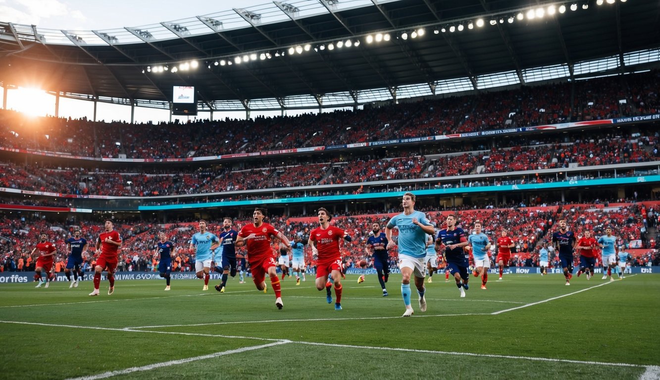 Sebuah stadion olahraga yang ramai dengan penggemar yang bersorak dan pemain yang beraksi di lapangan