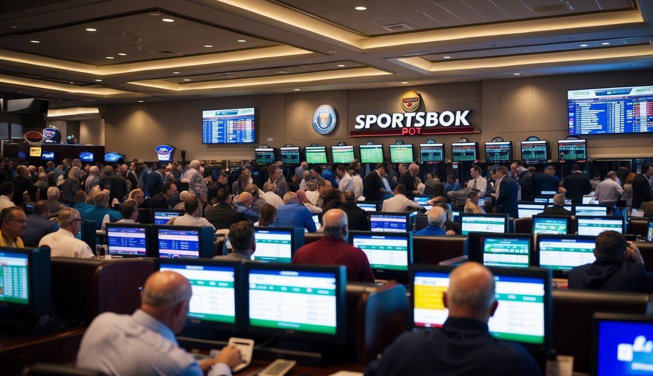 Sebuah sportsbook yang ramai dengan orang-orang yang memasang taruhan dan menonton layar