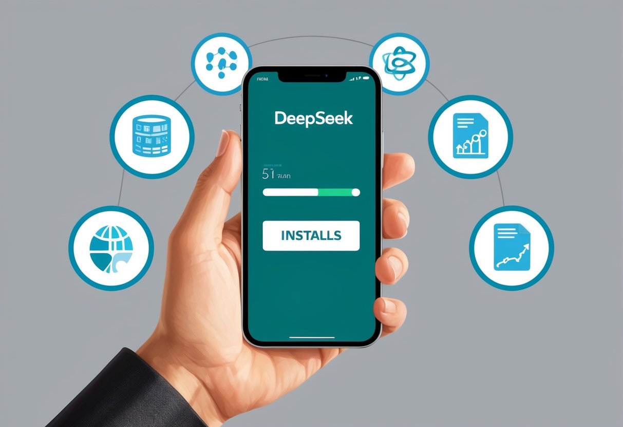 Uma mão segurando um smartphone com uma barra de progresso se preenchendo enquanto o aplicativo Deepseek é instalado, cercada por ícones representando dados e tecnologia.