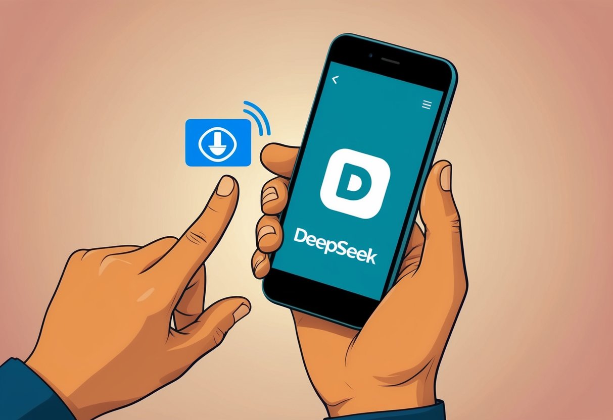 A mão de uma pessoa segurando um smartphone, com o aplicativo Deepseek sendo baixado e instalado na tela.