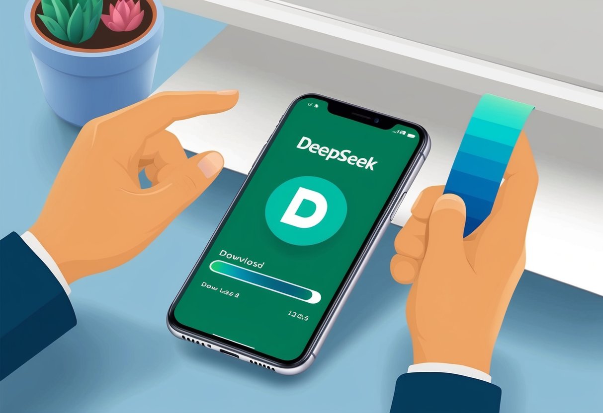 Uma pessoa instalando o aplicativo Deepseek em seu smartphone, tocando no botão de download e assistindo a barra de progresso encher.
