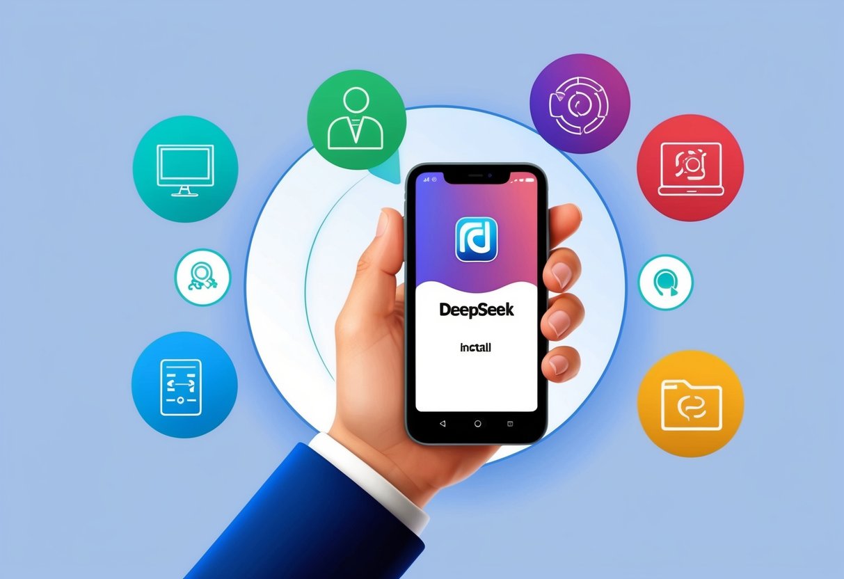 Uma mão segurando um smartphone com o aplicativo Deepseek sendo instalado, cercada por ícones que representam diferentes recursos e funções.