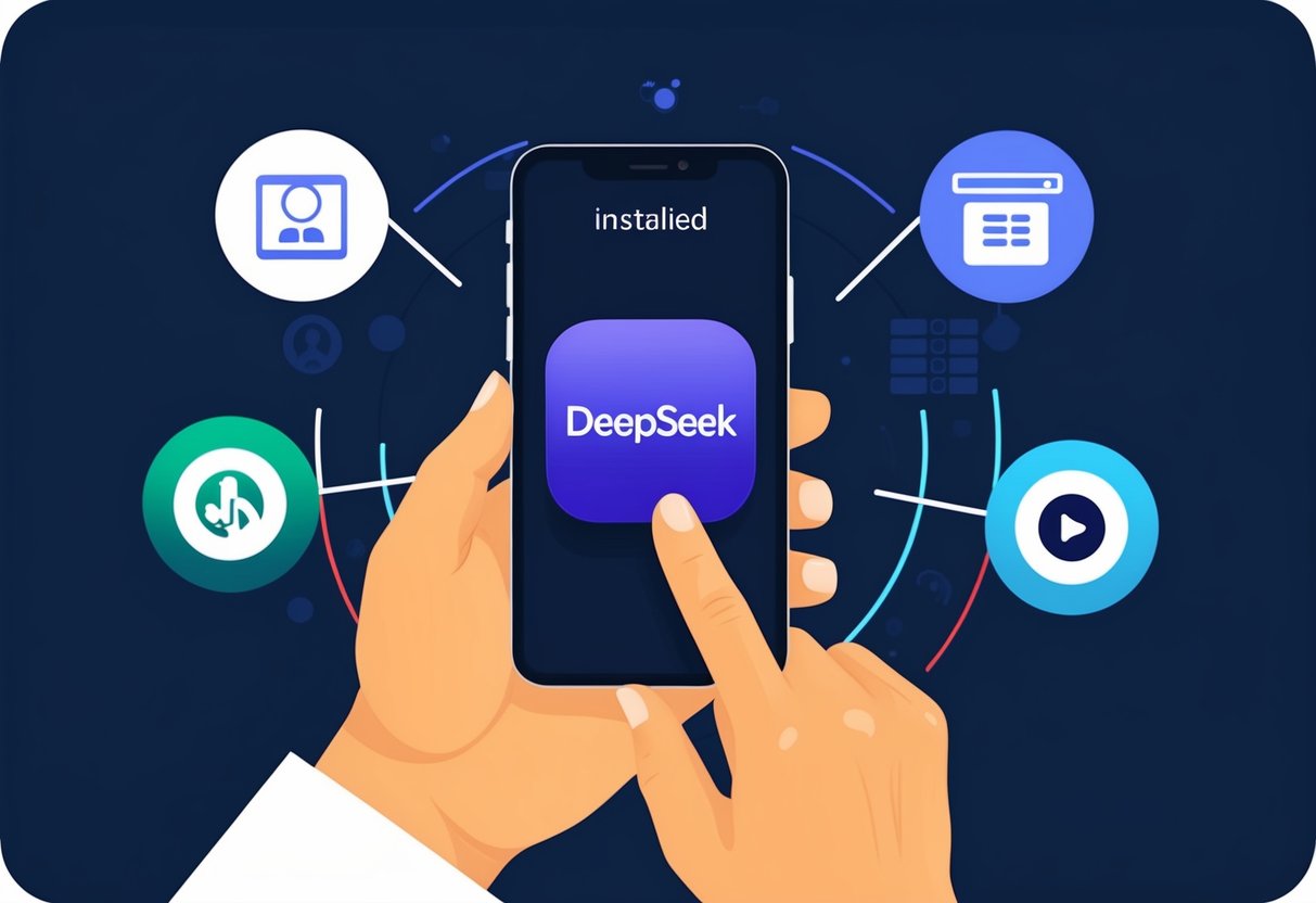 Uma mão segurando um smartphone com o aplicativo Deepseek sendo instalado, cercada por ícones que representam outros serviços e aplicativos.