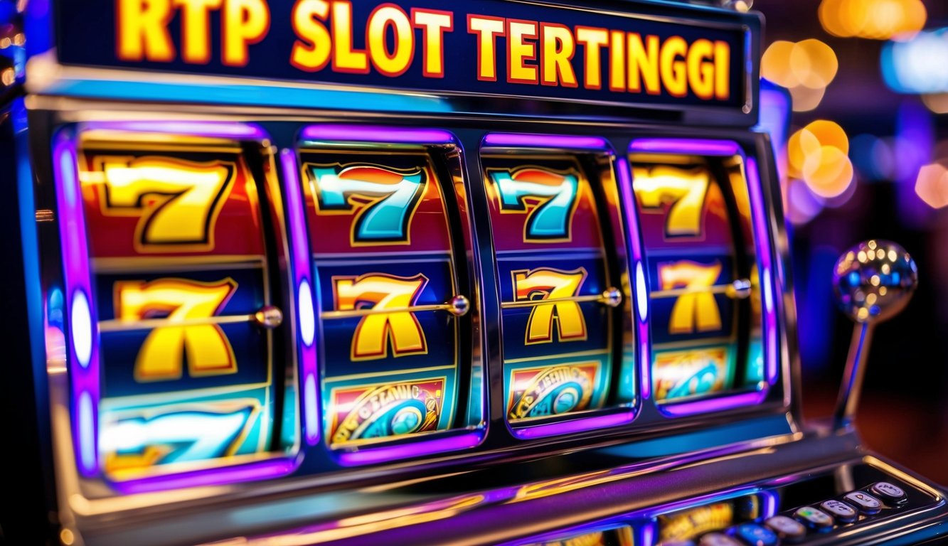 Sebuah mesin slot kasino yang berwarna-warni dan cerah dengan lampu berkedip dan gulungan yang berputar, menampilkan kata-kata "RTP Slot Tertinggi" di bagian atas