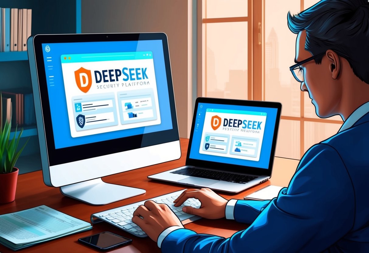 Uma pessoa usando um computador para acessar a plataforma Deepseek, com foco em segurança e privacidade, enquanto compra ações.