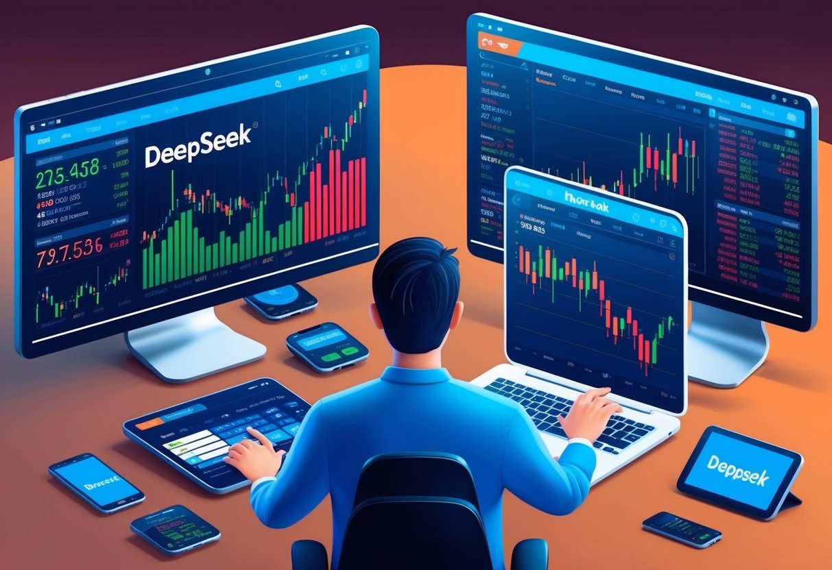 Uma pessoa usando o Deepseek para pesquisar e comprar ações, cercada por vários dispositivos tecnológicos e telas exibindo dados do mercado de ações.