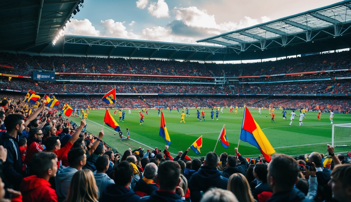 Sebuah stadion sepak bola yang ramai dan hidup dengan para penggemar bersorak dan melambaikan bendera, sementara para pemain berkompetisi di lapangan