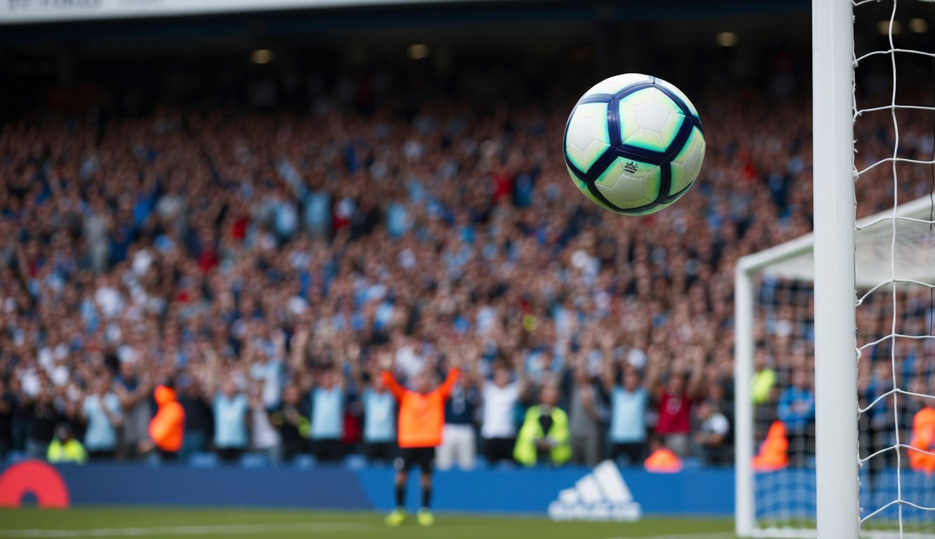 Sebuah bola sepak meluncur ke dalam jaring gawang dengan kerumunan bersorak di latar belakang