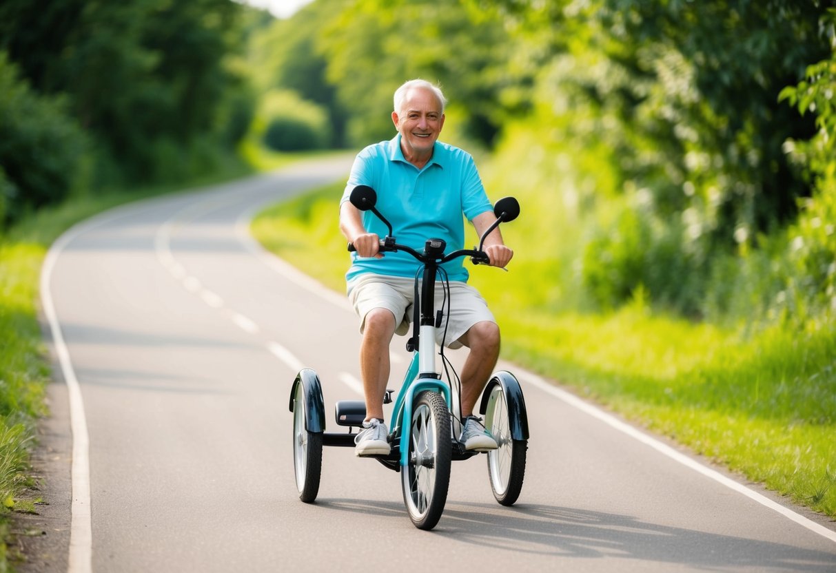 An elderly person riding an electric trike on a scenic bike path surrounded by lush greenery and enjoying the fresh air and exercise