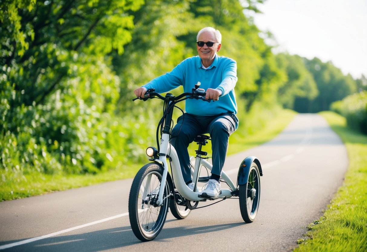 An elderly person riding an electric trike on a scenic bike path, surrounded by lush greenery and enjoying the fresh air and exercise