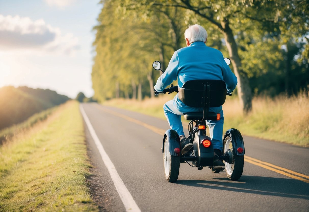 An elderly person riding an electric trike along a scenic, tree-lined path, with a sense of freedom and independence