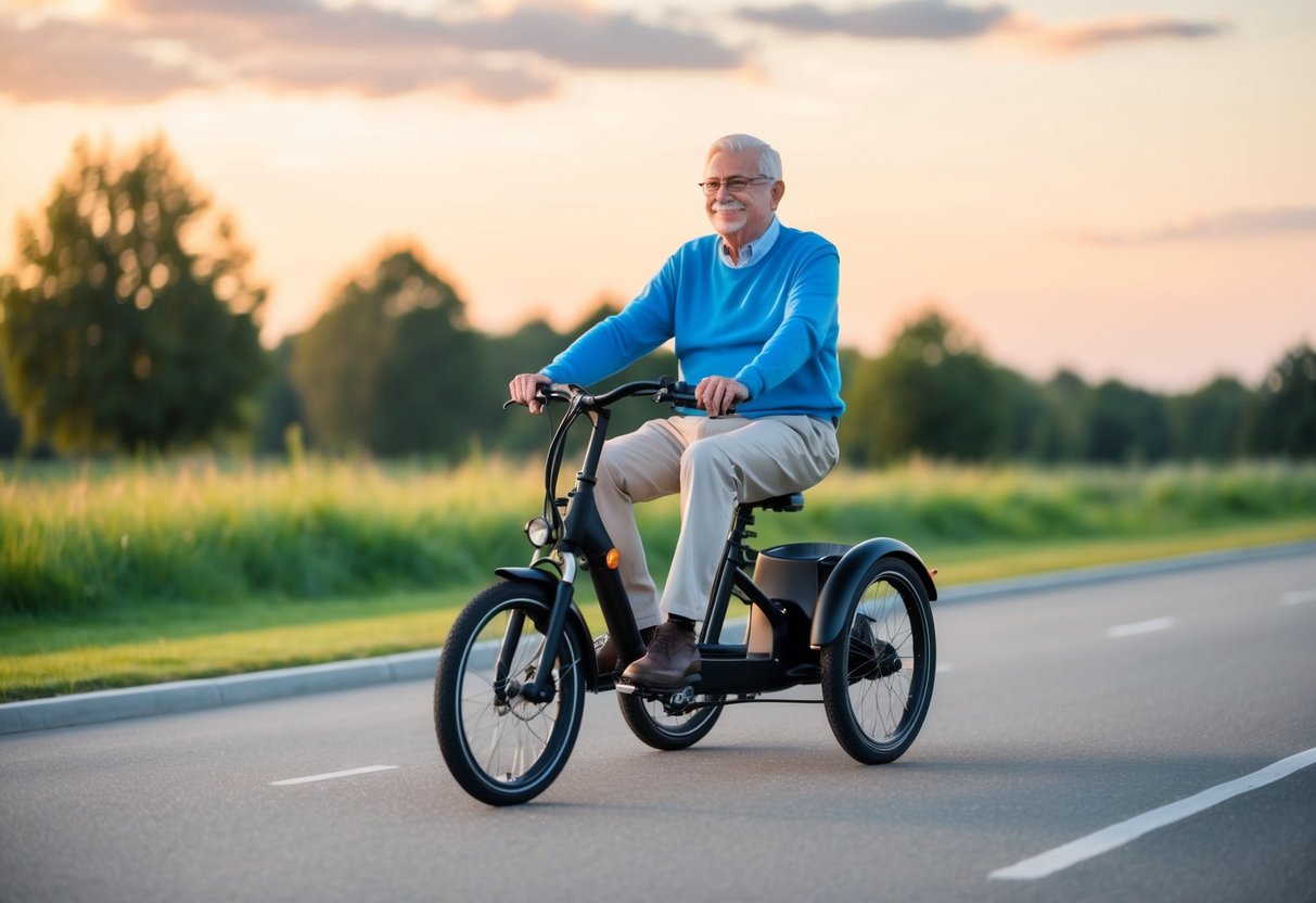A senior comfortably rides an electric trike on a smooth, paved path, enjoying the ease of use and the health benefits of the activity