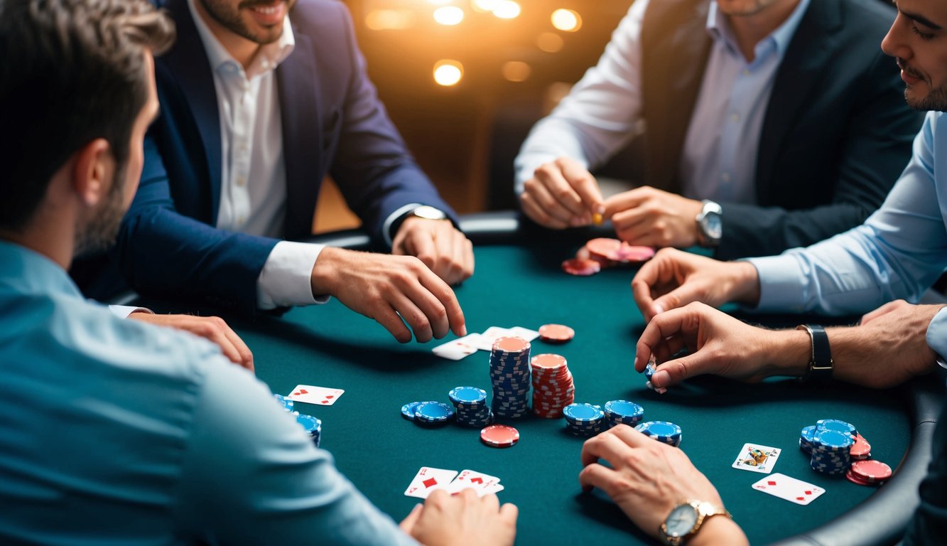 Sekelompok orang duduk di sekitar meja bermain kartu, dengan chip poker dan kartu bermain berserakan di atas meja