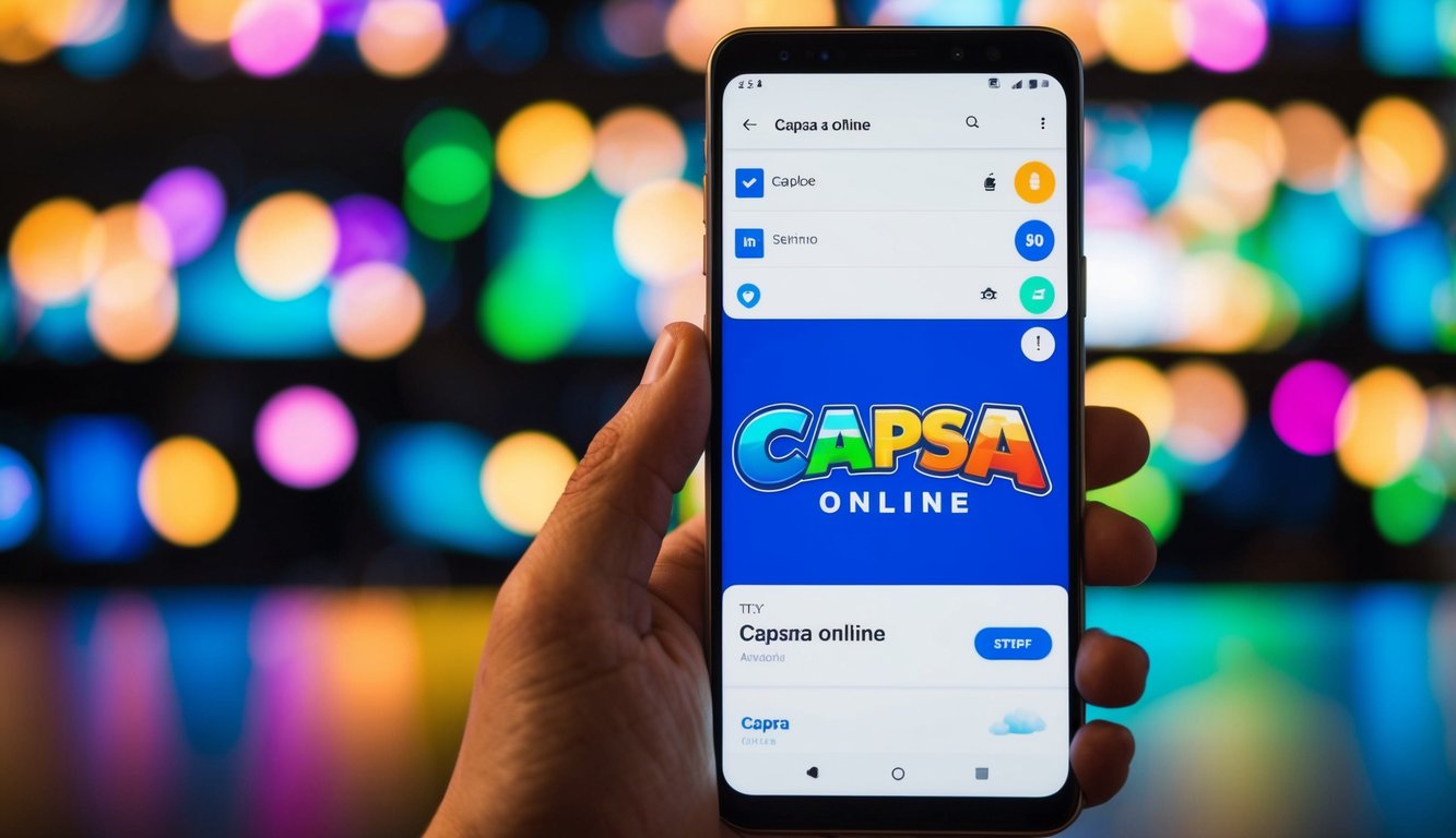 Sebuah smartphone dengan layar yang cerah dan berwarna-warni menampilkan permainan Capsa Online di perangkat Android