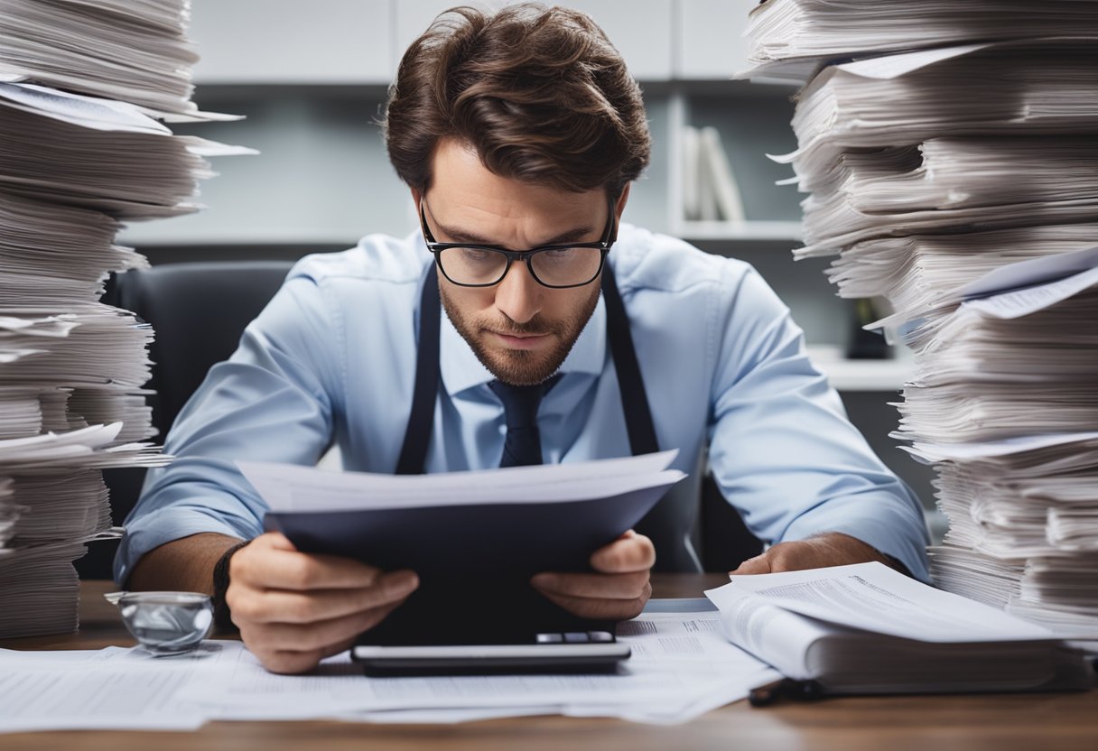 Una persona revisando documentos financieros con una expresión de preocupación, rodeada de facturas y una calculadora.